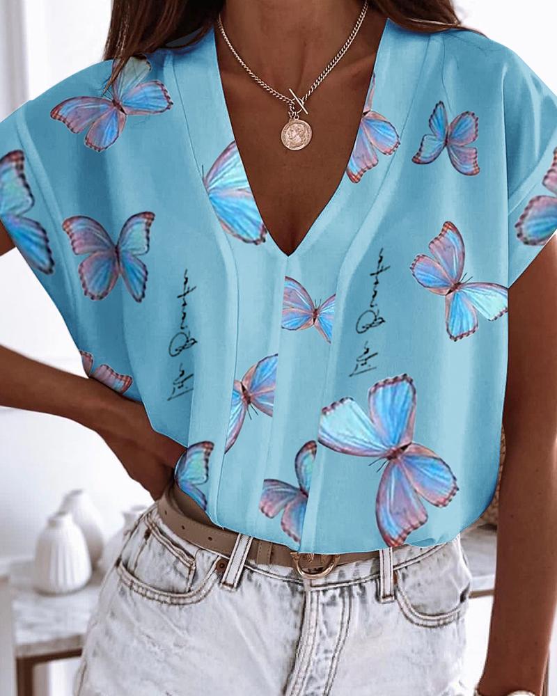 

Butterfly Letter Print Short Sleeve T-shirt, Light blue