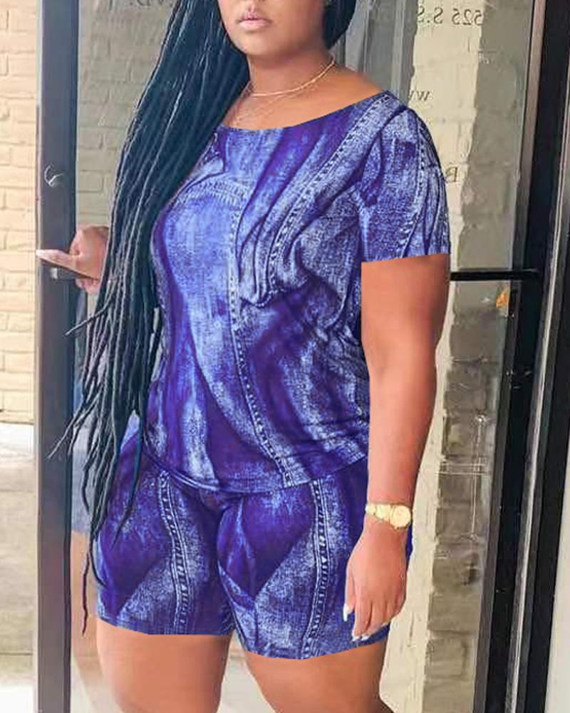 

Plus Size Denim Look Print Casual Top & Shorts Set, Purple