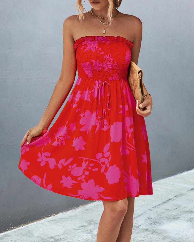 

Floral Print Bandeau Shirred Fill Hem Mini Dress, Red