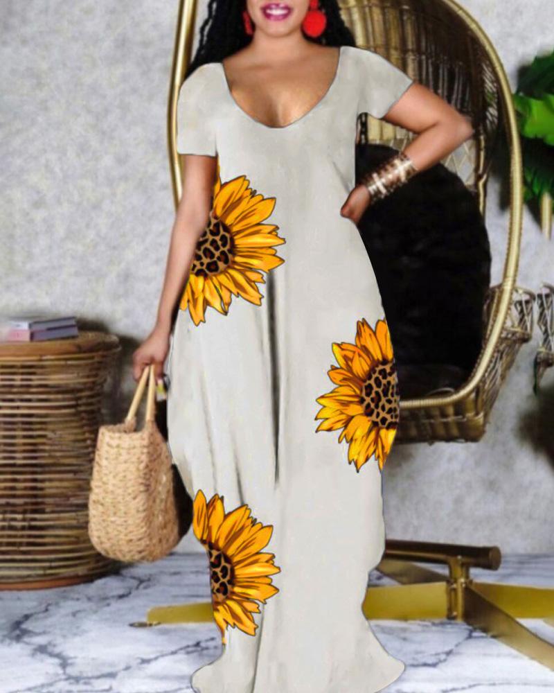 

Plus Size Sunflower Print Short Sleeve Maxi Dress, Gray
