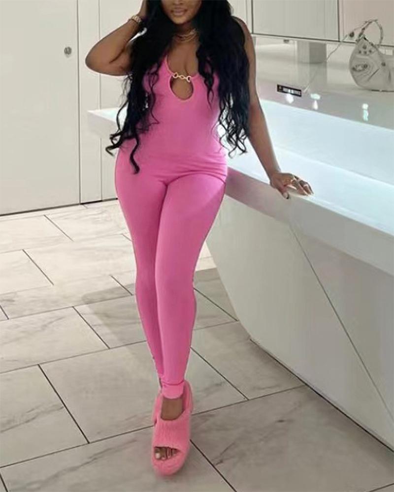 

Halter Backless Cutout Chain Decor jumpsuit, Pink