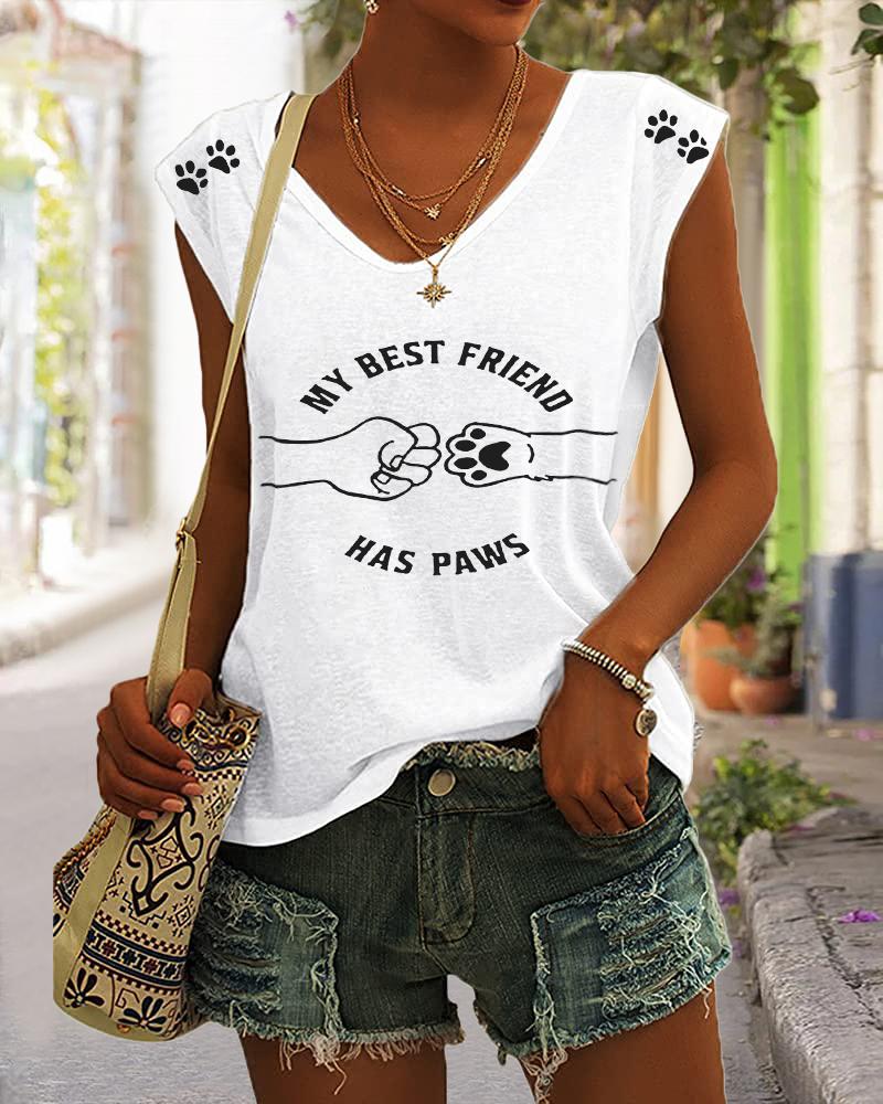 

Slogan Puppy Claw Print Cap Sleeve Top, White