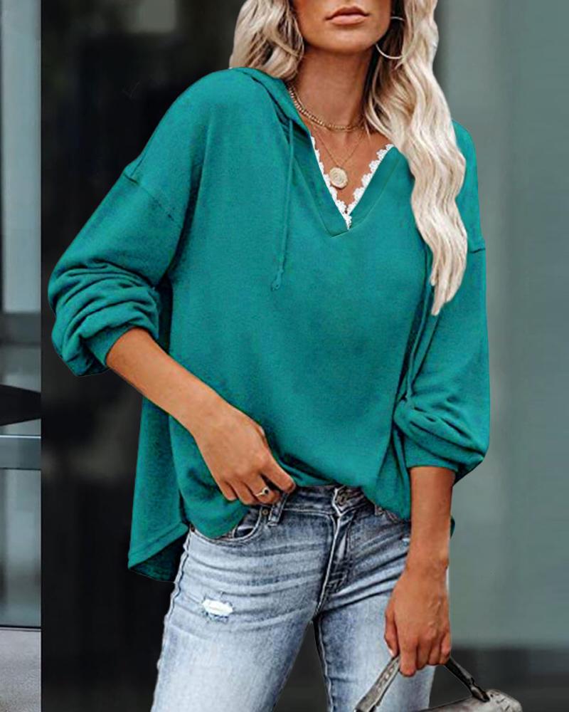

Contrast Lace Drawstring Hooded Long Sleeve Top, Blue