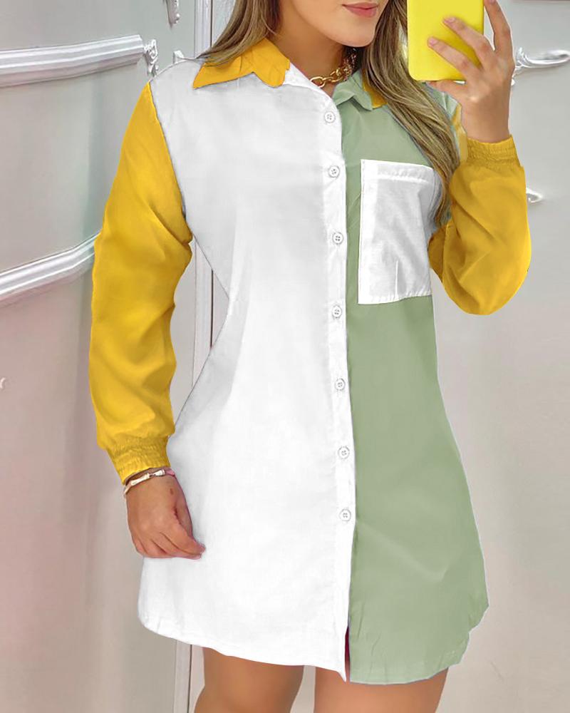 

Turn-down Collar Long Sleeve Colorblock Shirt Dress, Multicolor