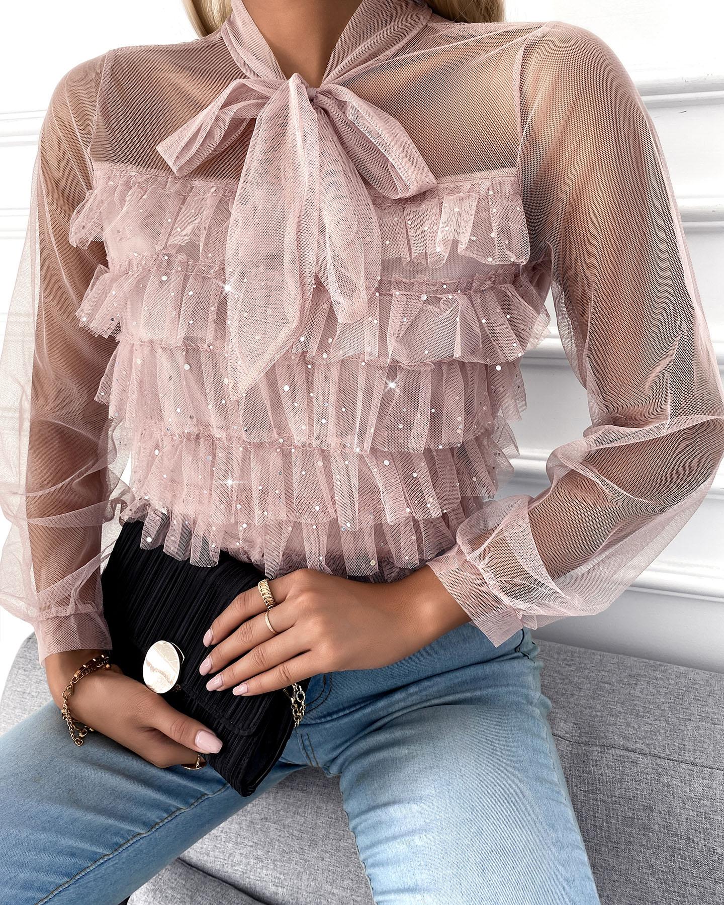 

Tie Neck Sheer Mesh Studded Blouse, Pink