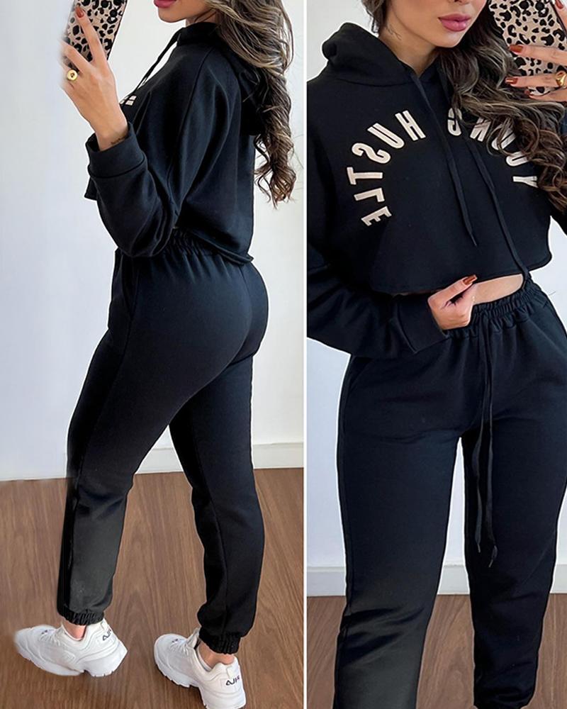 

Letter Print Hooded Sweatshirt & Drawstring Cuffed Sweatpants Set, Black