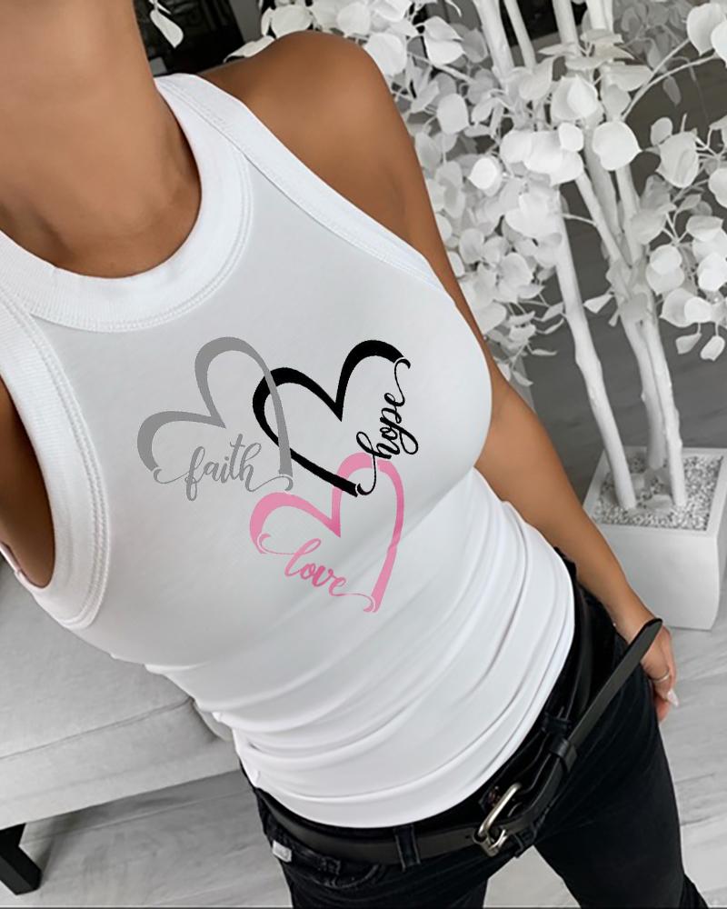 

Heart Print Tank Tops Summer Sleeveless Basic Cami Top Shirt Slim Knit Ribbed Racerback Blouses, White