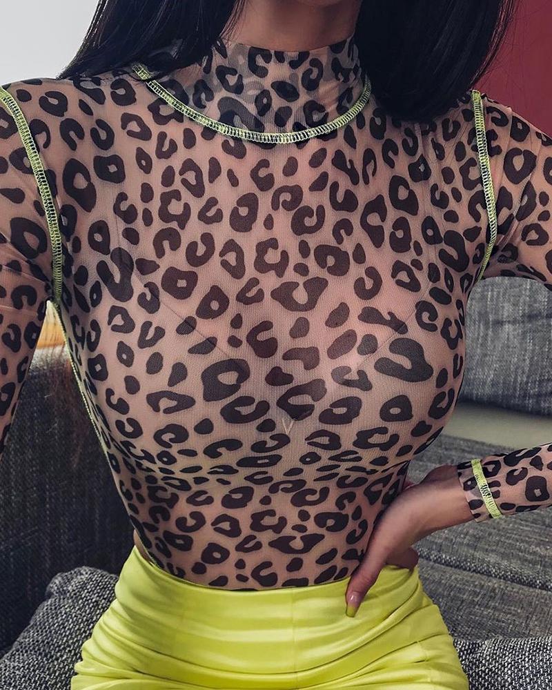 

Cheetah Print Contrast Binding Mesh Bodysuit, Leopard