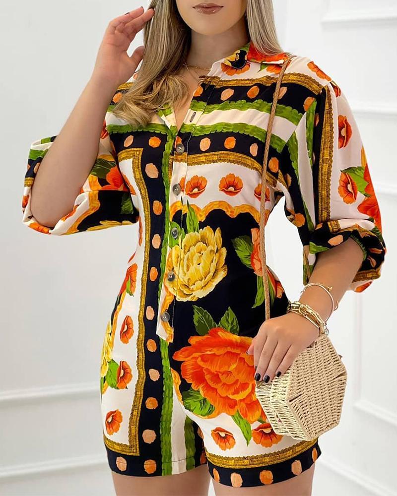 

Floral Print Button Up Skinny Romper, Multicolor