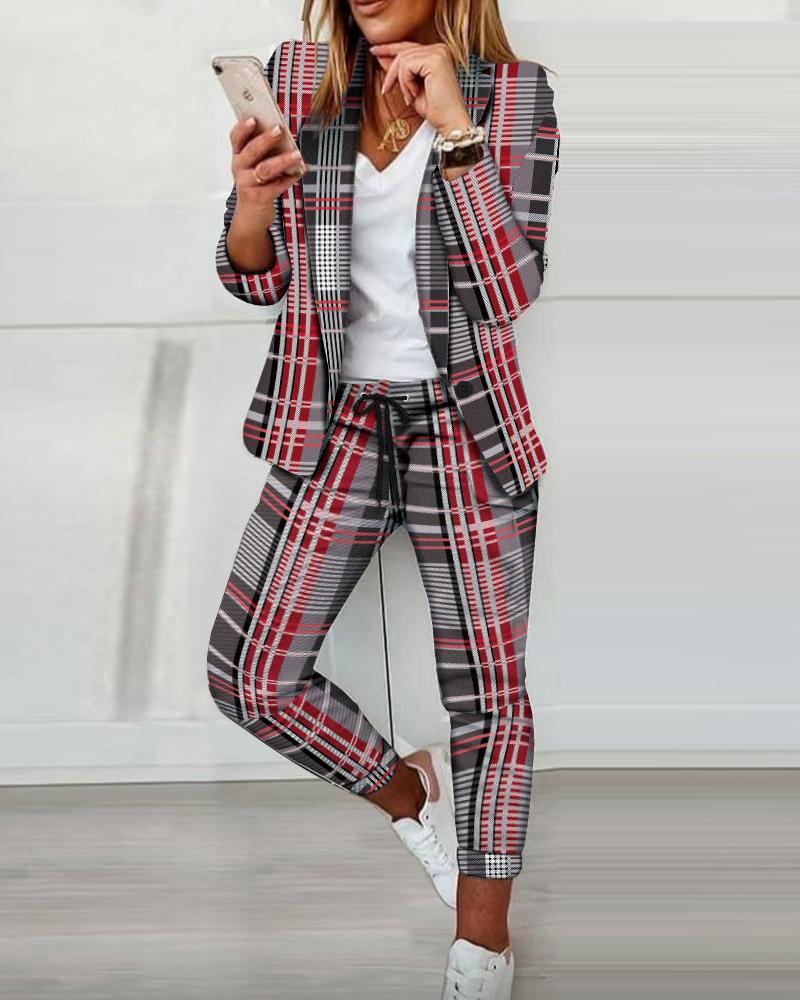 

Plaid Print Shawl Collar Blazer & Drawstring Pants Set, Red