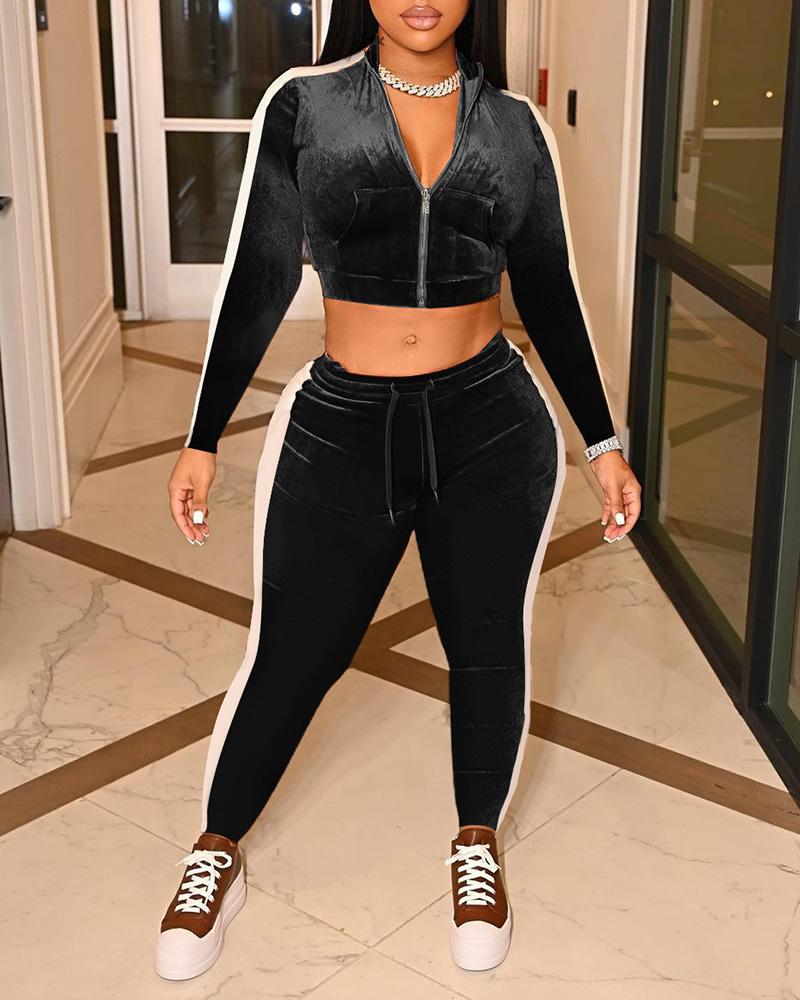 

Velvet Striped Zipper Design Top & Drawstring Pants Set, Black