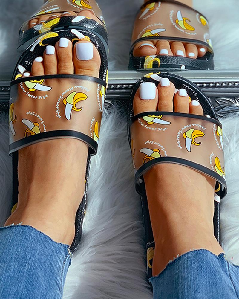 

Transparent Fruits Pattern Open Toe Flat Sandals, Black
