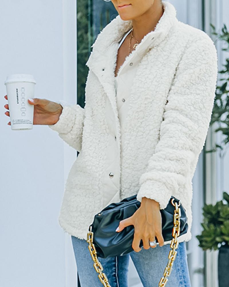 

Pocket Design Buttoned Long Sleeve Teddy Coat, White