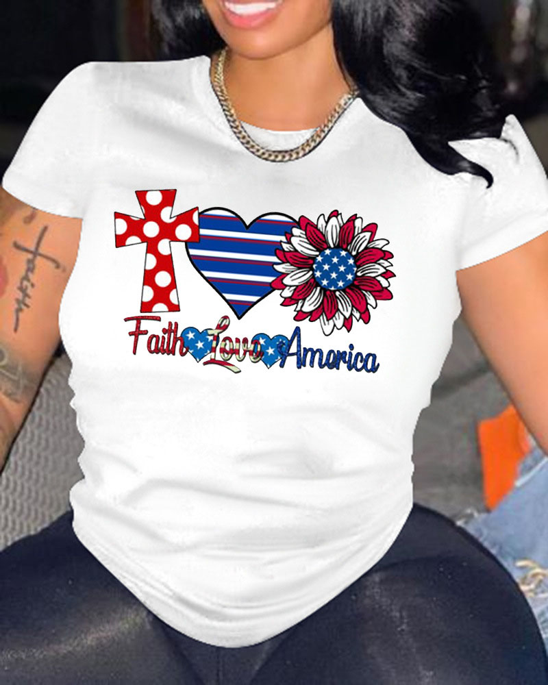 

Independence Day Flag Letter Print Casual T-shirt, White