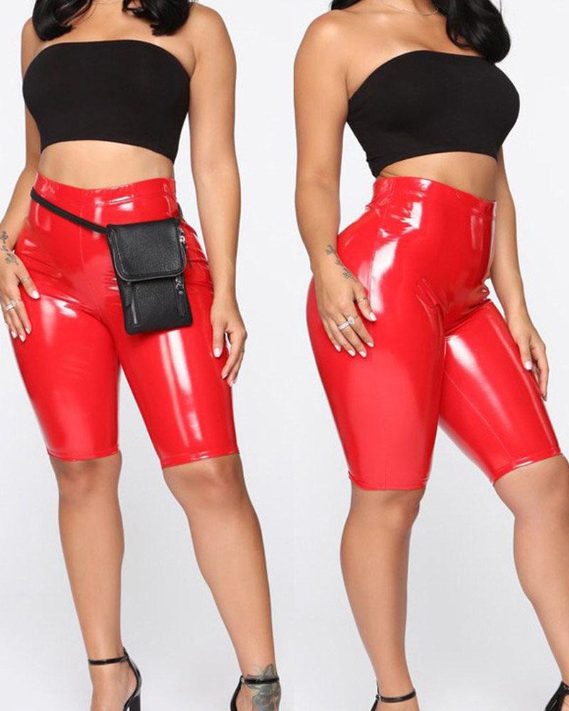

PU Leather High Waist Shorts, Red