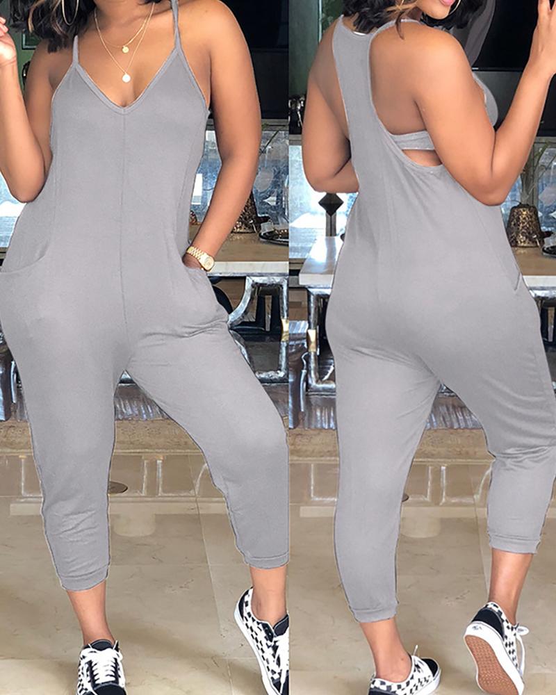 

Pocket Design Spaghetti Strap Jumpsuit, Gray