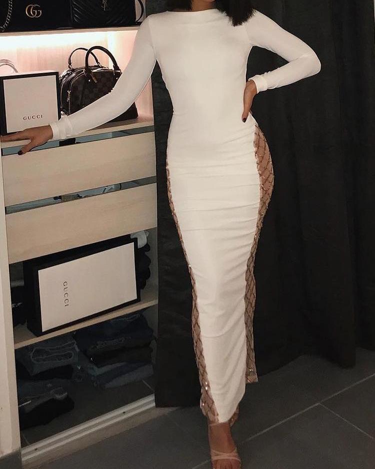 

Long Sleeve Glitter Splicing Slit Dress, White