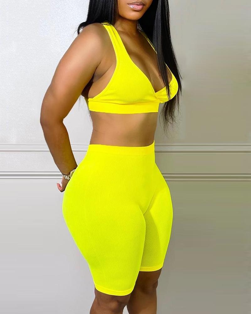 

V-Neck Thick Strap Plain Active Set, Yellow