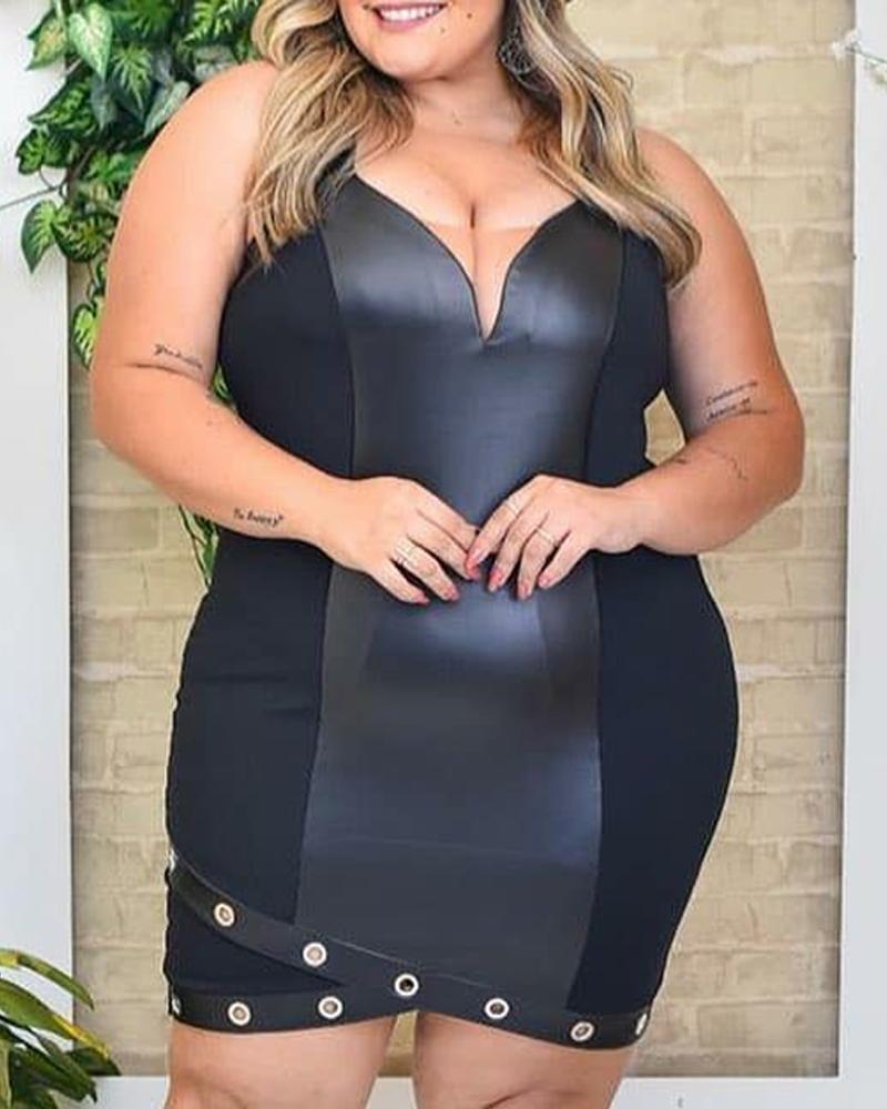 

Plus Size PU Leather Patch Eyelet Decor Bodycon Dress, Black