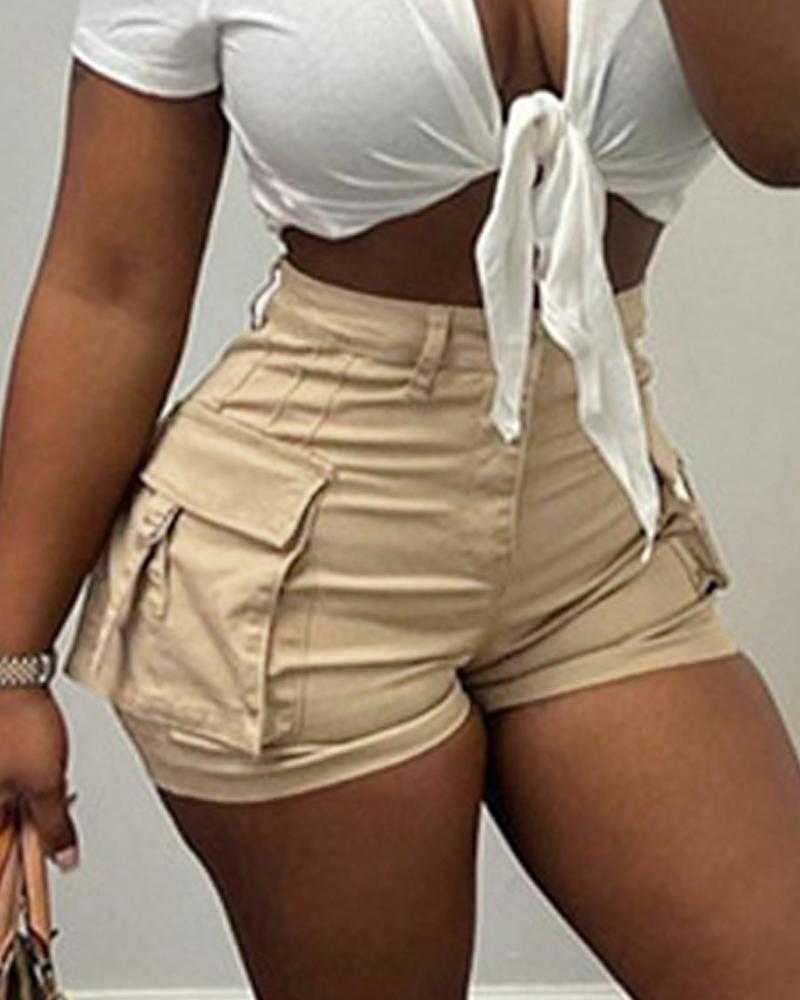 

Pocket Design High Waist Shorts, Khaki