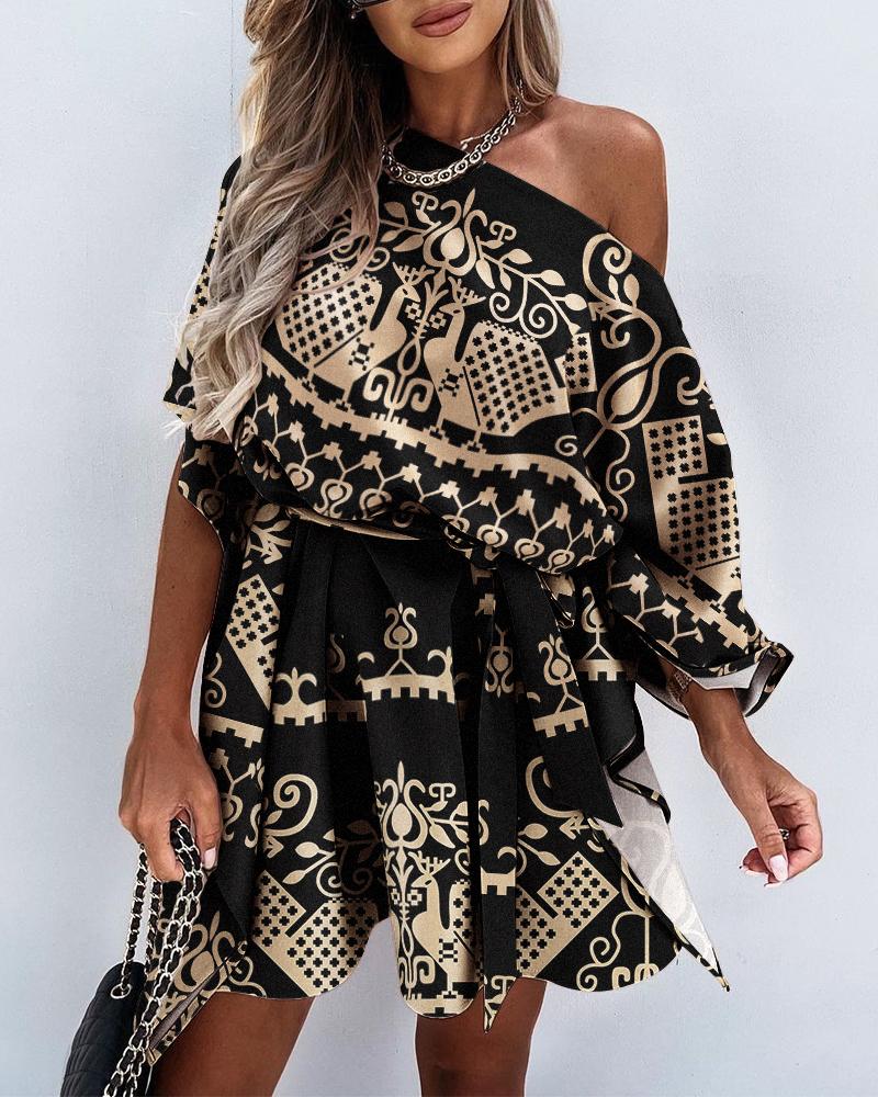 

Tribal Print Skew Neck Belted Casual Dress, Black