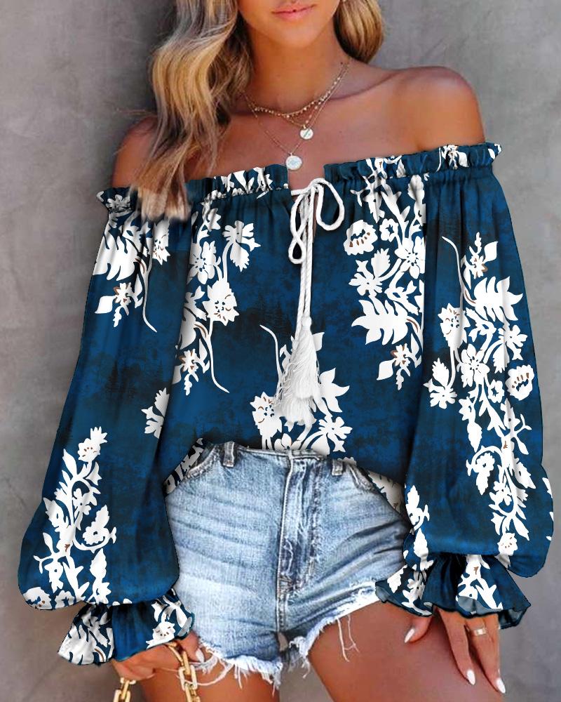 

Tribal Print Off Shoulder Lantern Sleeve Top, Purplish blue