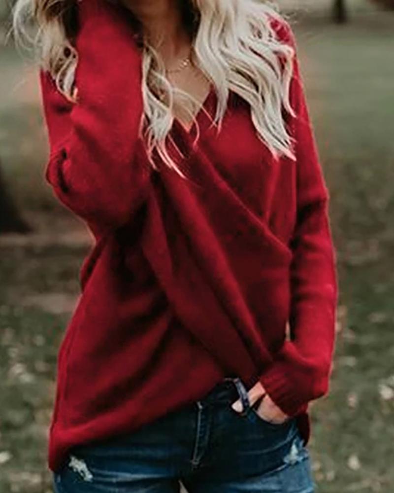 

Solid Long Sleeve Casual Sweater, Red