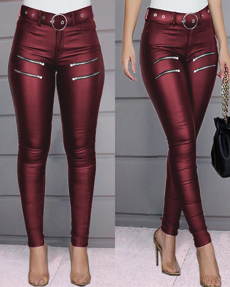 

Calça skinny de couro pu de cintura alta com zíper de design, Wine red