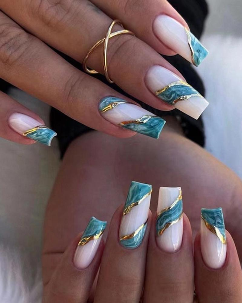 

24pcs Marble Press On Glossy Fake Coffin Nails Set, Green