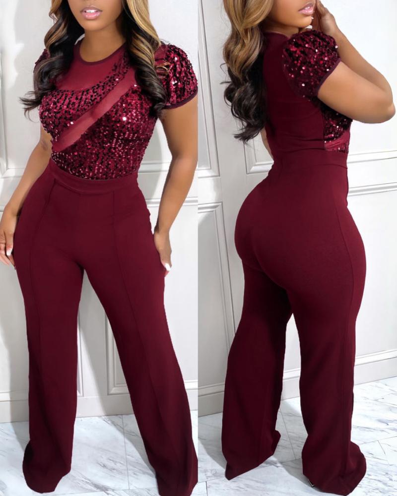 

Round Neck Short Sleeve Contrast Sequin Sheer Mesh Slim Fit Overall Casual Jumpsuit, Wine red