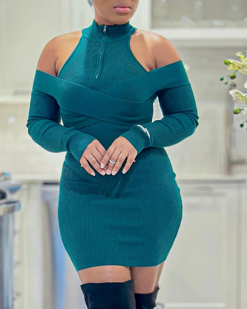 

Cold Shoulder Zipper Design Ribbed Dress, Green