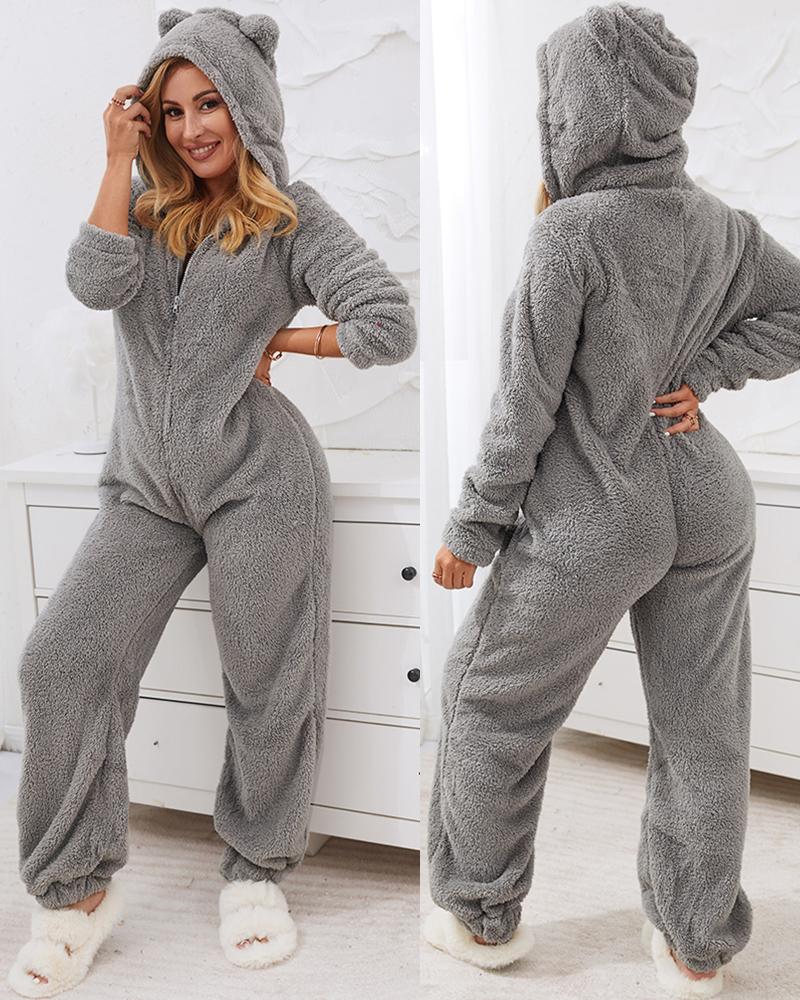 

3D Ear Zipper Front Hooded Fluffy Lounge Jumpsuit, Gray