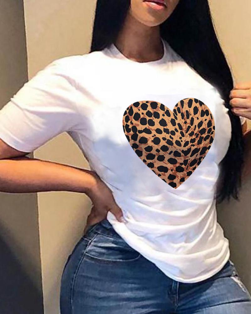 

Heart Leopard Print Short Sleeve Casual T-shirt, White
