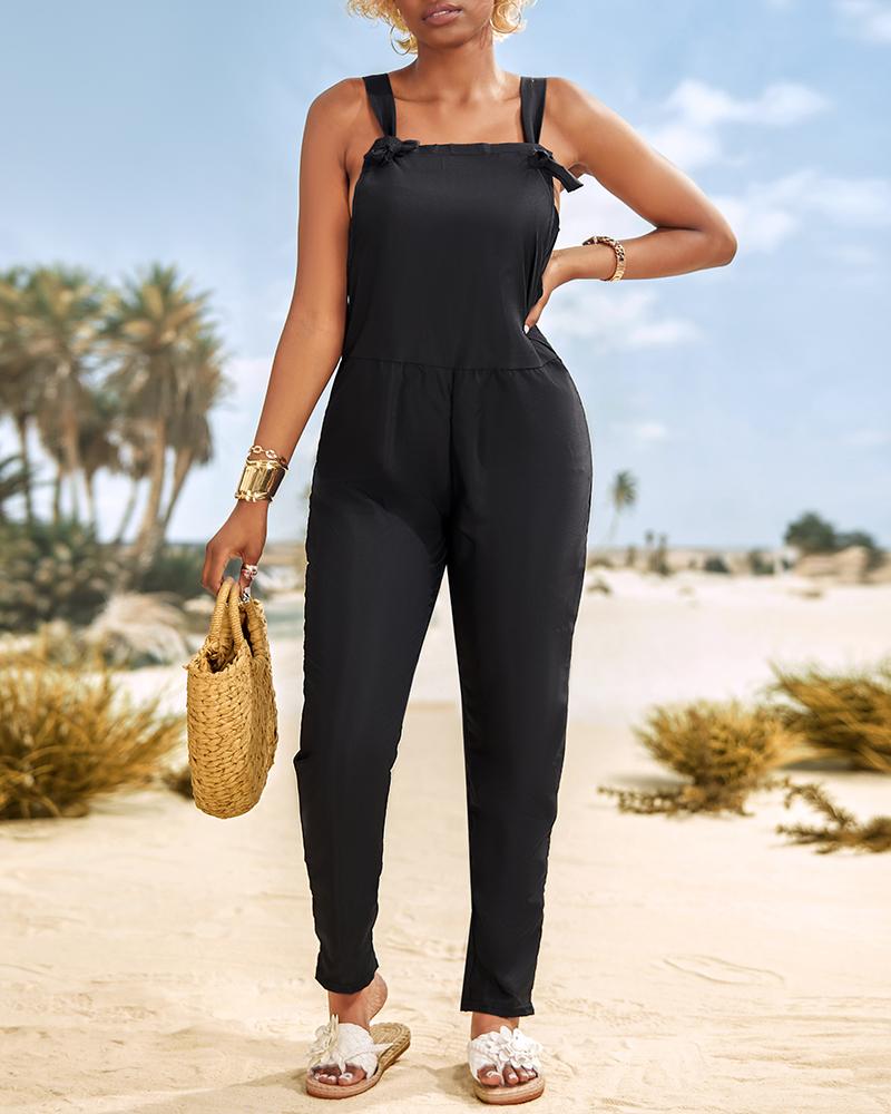 

Knotted Detail Casual Suspender Jumpsuit, Black