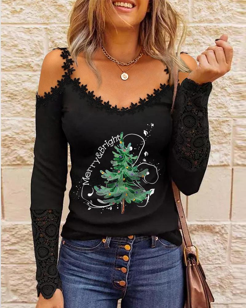 

Christmas Tree Print Contrast Lace Cold Shoulder Top, Black