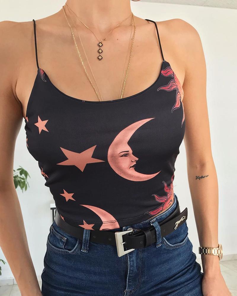 

Spaghetti Strap Star Print Crop Top, Black