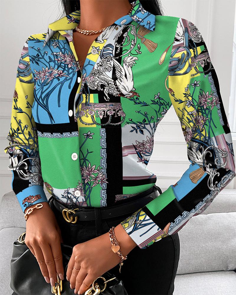 

Scarf Print Button Up Long Sleeve Blouse, Multicolor