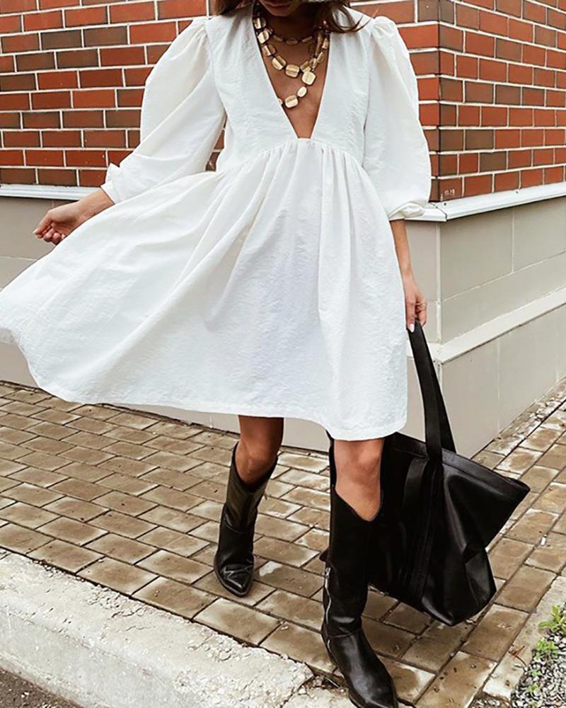 

Puff Lantern Sleeve Plunge Casual Dress, White