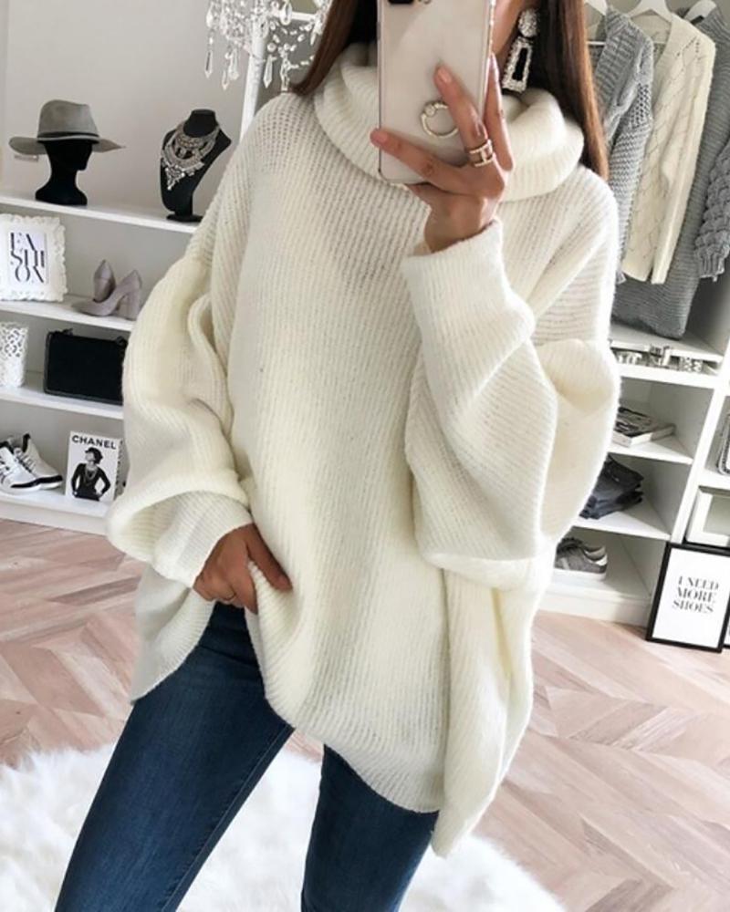 

Solid High Neck Long Sleeve Ribbed Sweater, White