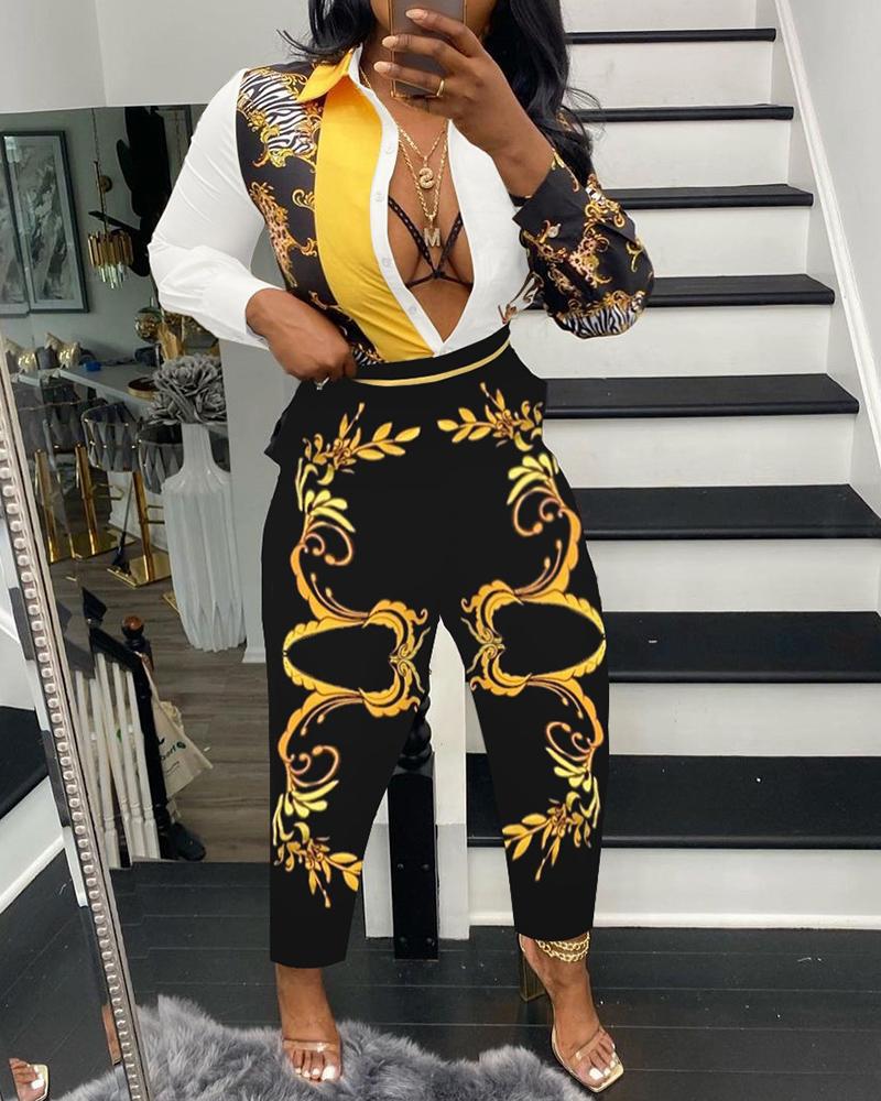 

Scarf Cheetah Print Buttoned Top & Pants Set, Yellow