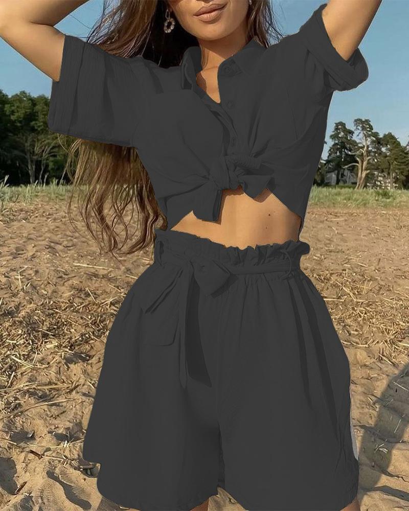 

Solid Color Lace-up Short Sleeve T-shirt With Short Pants Suit Sets, Black