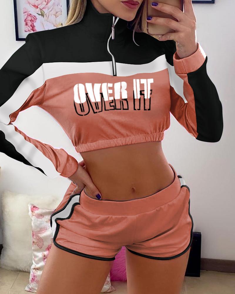 

Zipper Design Letter Print Colorblock Crop Top & Shorts Set, Pink