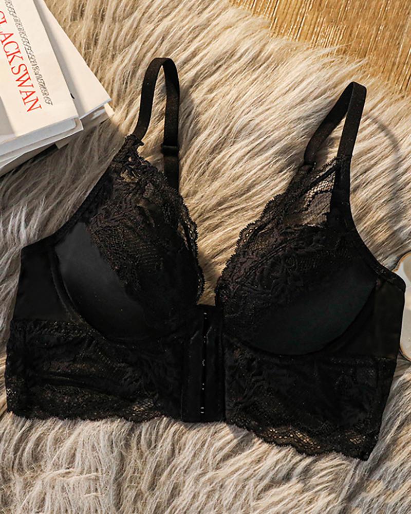 

Buckle Front V-Neck Crochet Lace Bra, Black