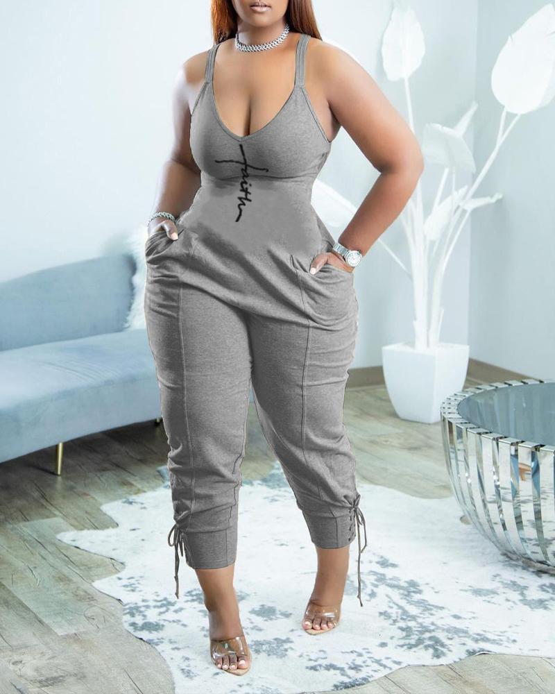 

Letter Print Grommet Eyelet Lace-up Sleeveless Jumpsuit, Gray