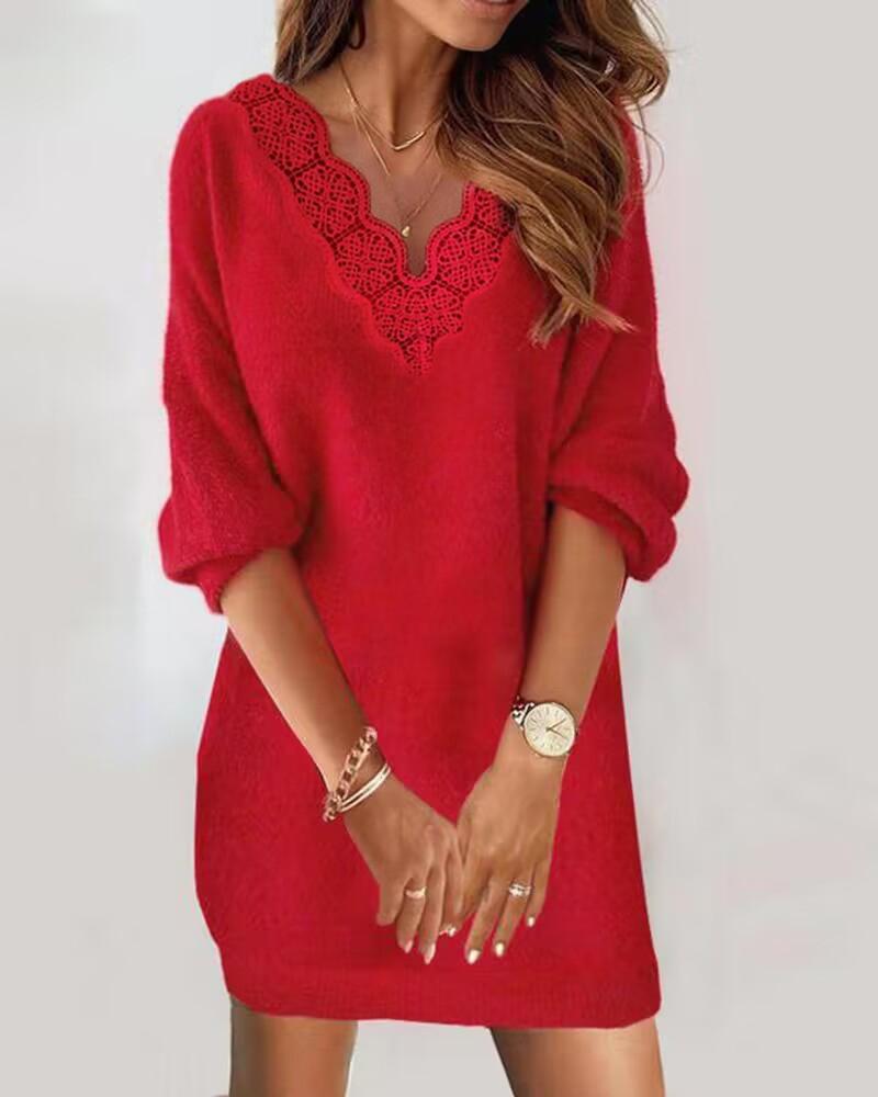 

Contrast Lace V-Neck Casual Dress, Red