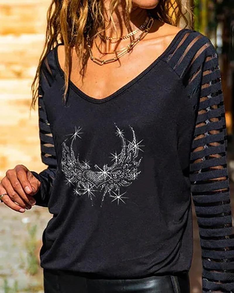 

Rhinestone Heart Wings Pattern Long Sleeve Top, Black