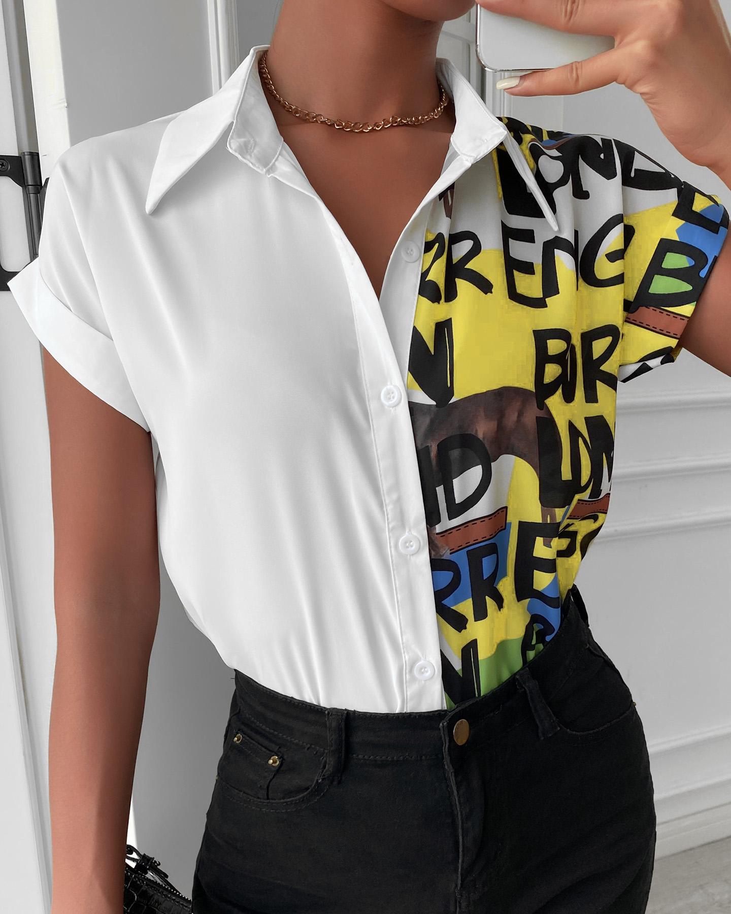 

Letter Print Colorblock Button Front Shirt, Style1