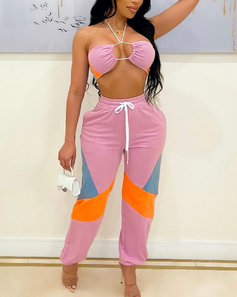 

Color Block Halter Cut-Out Zipper Back Ruched Bust Top & Pocket Drawstring Pants Set, Pink