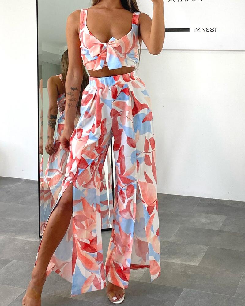 

All Over Print Sling Cropped Top With Skirt Skirt Sets, Multicolor