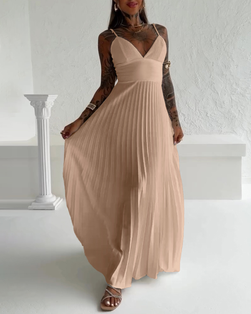 

Vestido Bandeau sin mangas, plisado, elegante, fluido, largo hasta la rodilla, Light khaki